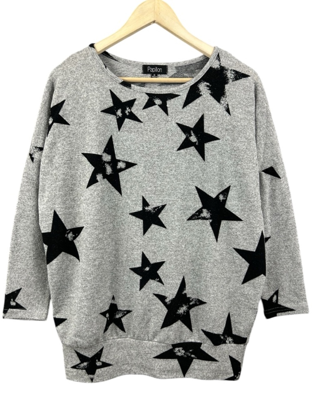 Papillon Grey Star Print Pullover Lightweight Oversized Sweater Size Small